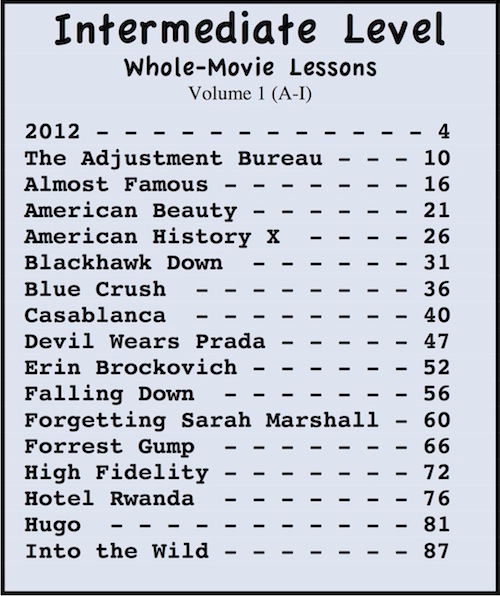 Table of Contents for Intermediate Level, Volume 1 Whole-movie ESL lessons